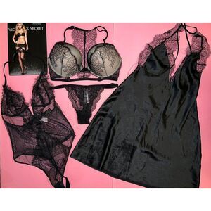 Victoria's Secret 34C BOMBSHELL BRA SET+S Panty+TEDDY+SLIP Black chantilly Lace